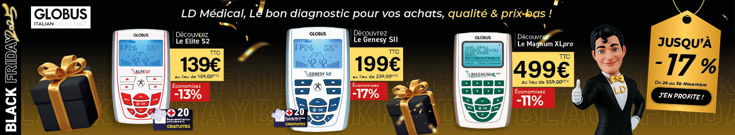 Bannière Black Friday Drexco Medical mettant en avant les appareils Chattanooga, dont le Rehab X2, le Direct Tens, l’ultrason Intelect Transport 2, l’Intelect Mobile tête 5 cm et le kit de révision d-actor, avec réductions jusqu’à ?32%.